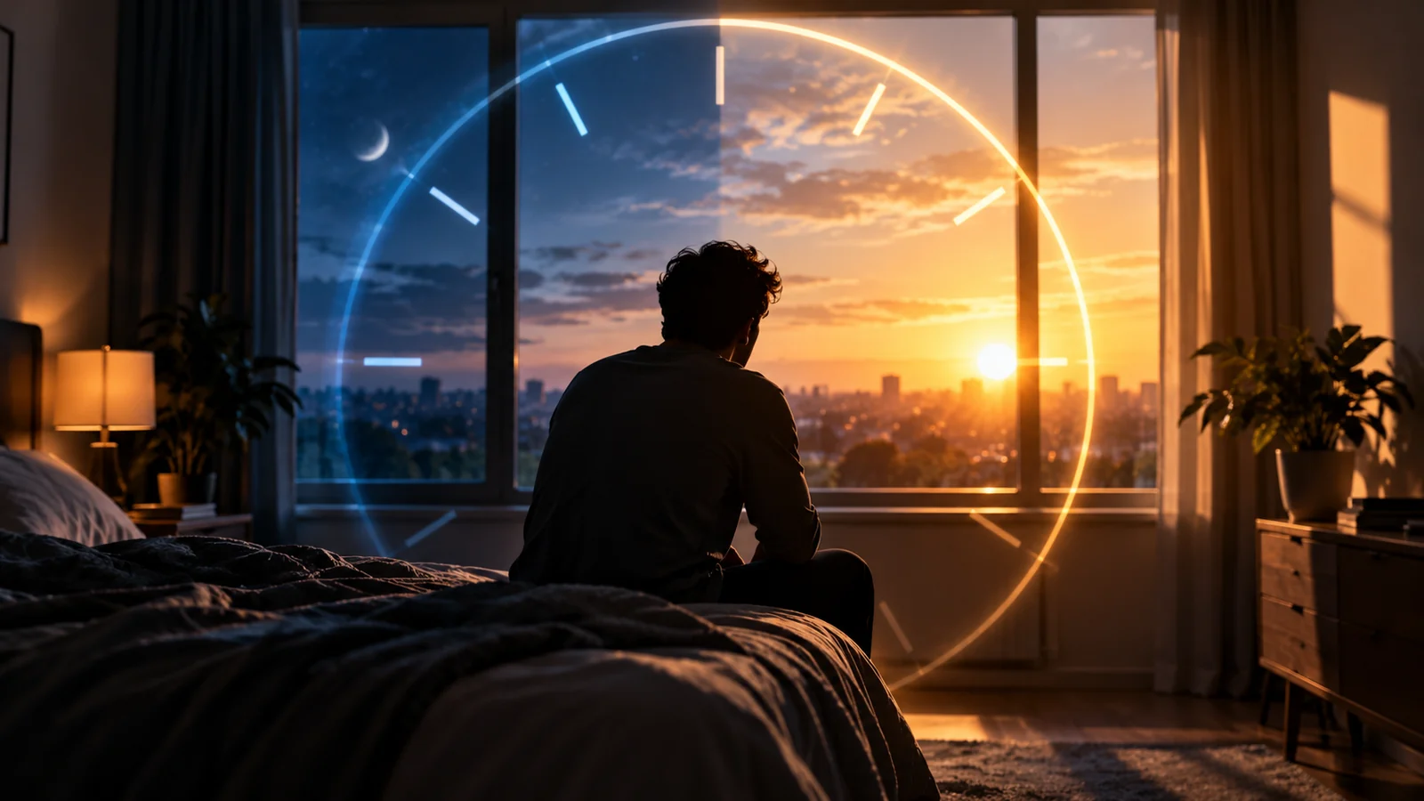 Can a Disrupted Body Clock Increase Depression Risk? What New Research Shows 1 Conceptual illustration of a person awake at sunrise with a glowing clock representing circadian rhythms and depression