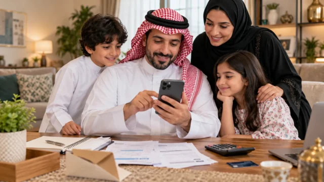 صورة تعبيرية لأسرة سعودية مع رموز مالية تشير إلى إيداع دعم حكومي