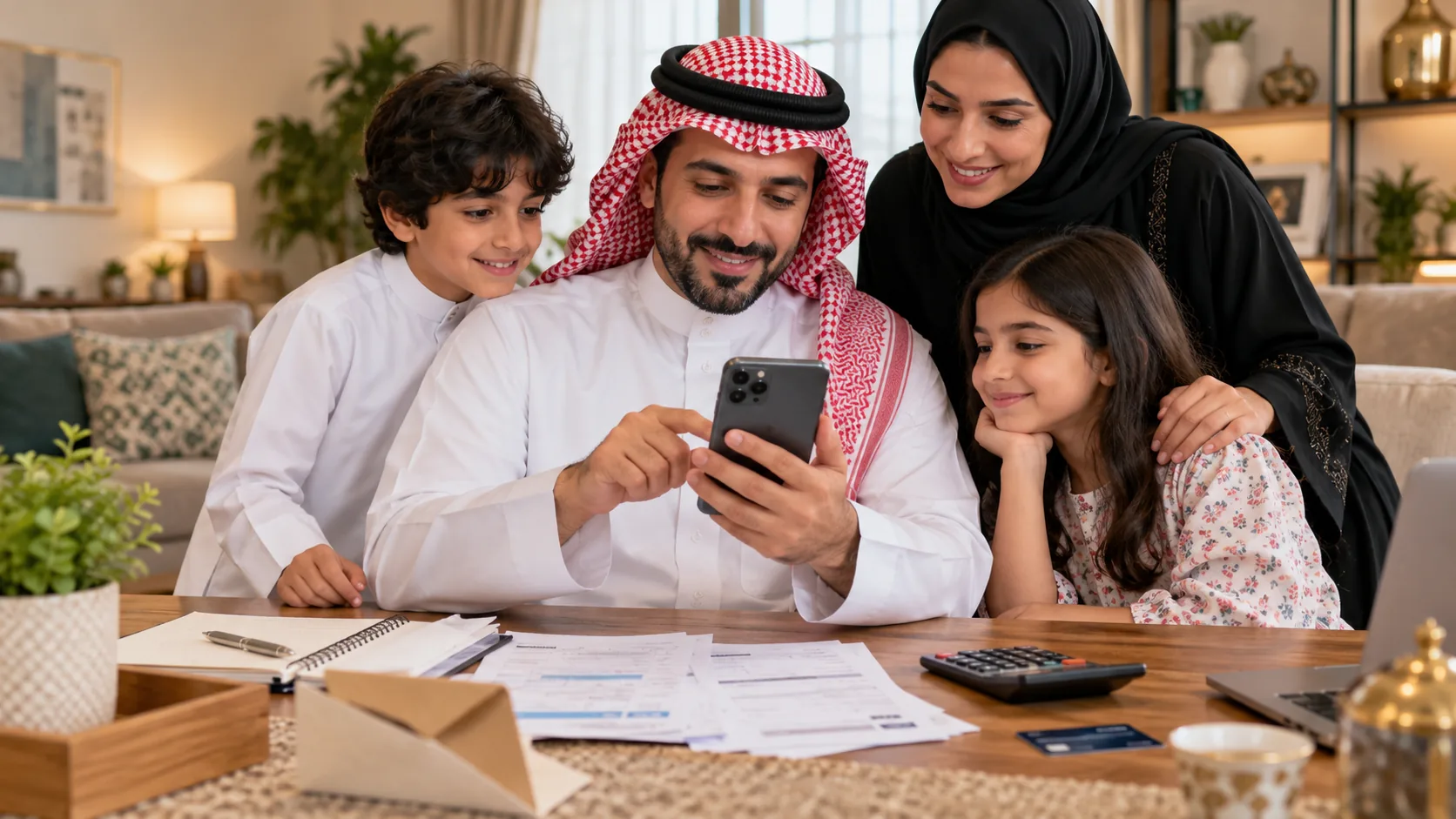 حساب المواطن يودع 3.1 مليارات ريال لدفعة أكتوبر 2026.. كيف تتحقق من الدعم والأهلية 1 صورة تعبيرية لأسرة سعودية مع رموز مالية تشير إلى إيداع دعم حكومي