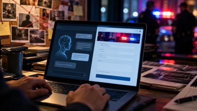 A laptop showing an AI interface beside a police report form with police lights in the background