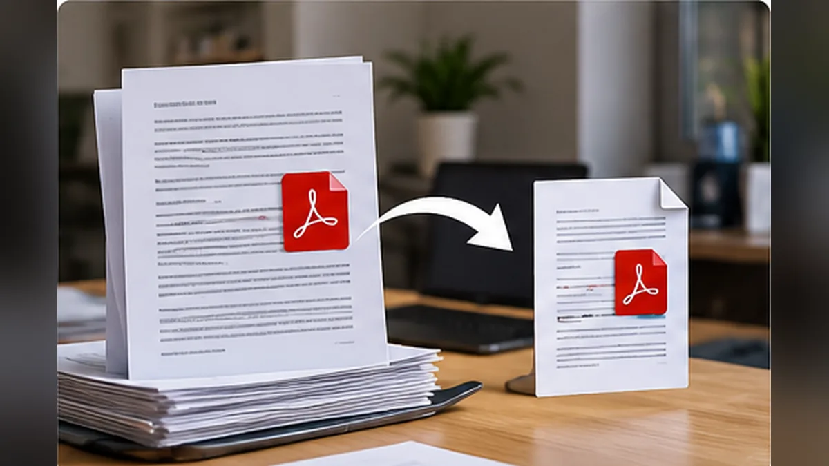 كيف تقلل حجم ملف PDF الممسوح ضوئيًا دون إفساد وضوح النص؟ 1 أوراق مستندات تتحول إلى ملف PDF إلكتروني أصغر حجما على مكتب منظم