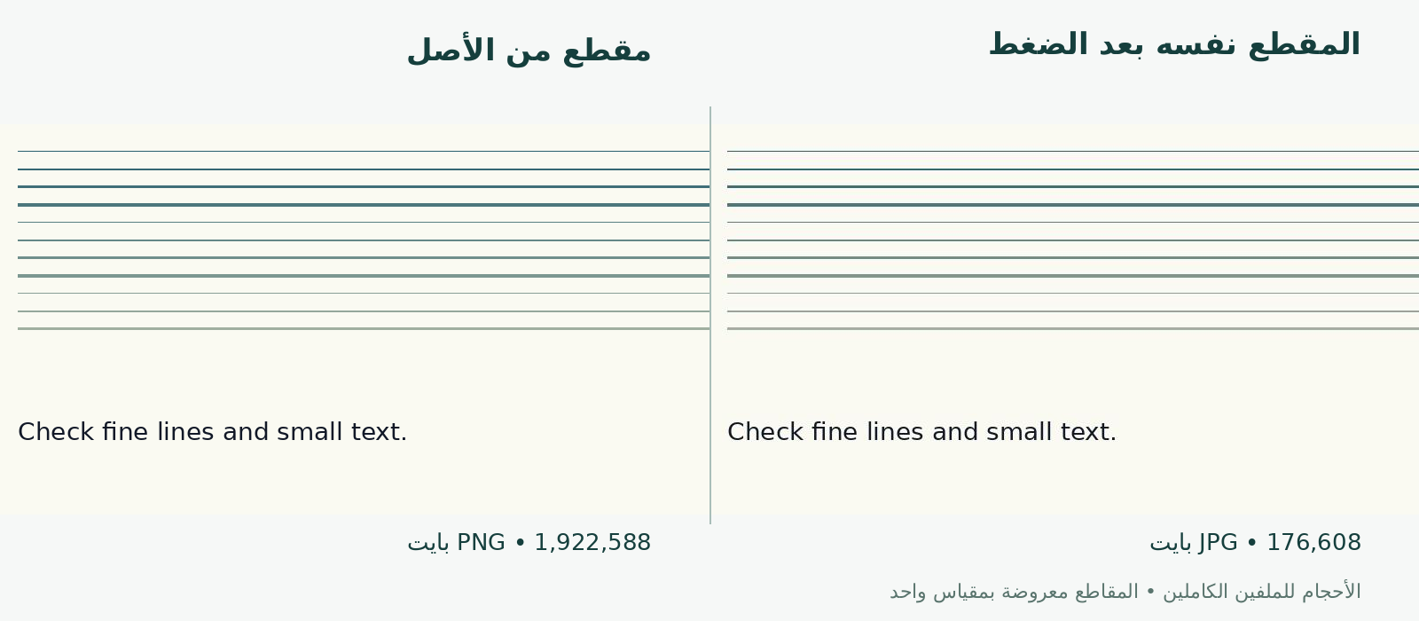 تصغير حجم الصورة إلى أقل من 200 كيلوبايت من الموبايل خطوة بخطوة 2 مقارنة مقطع متطابق من الصورة الاختبارية الأصلية والصورة بعد ضغطها