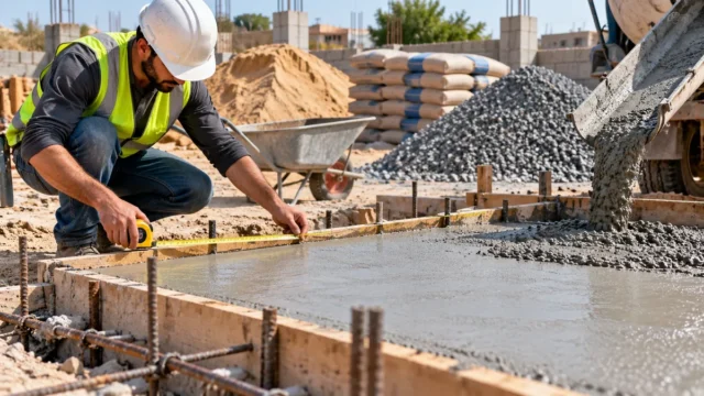 Construction worker measuring a slab form while fresh concrete is poured at a building site