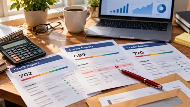 Credit reports and financial documents on a desk with a red pen marking an account entry, calculator and laptop nearby