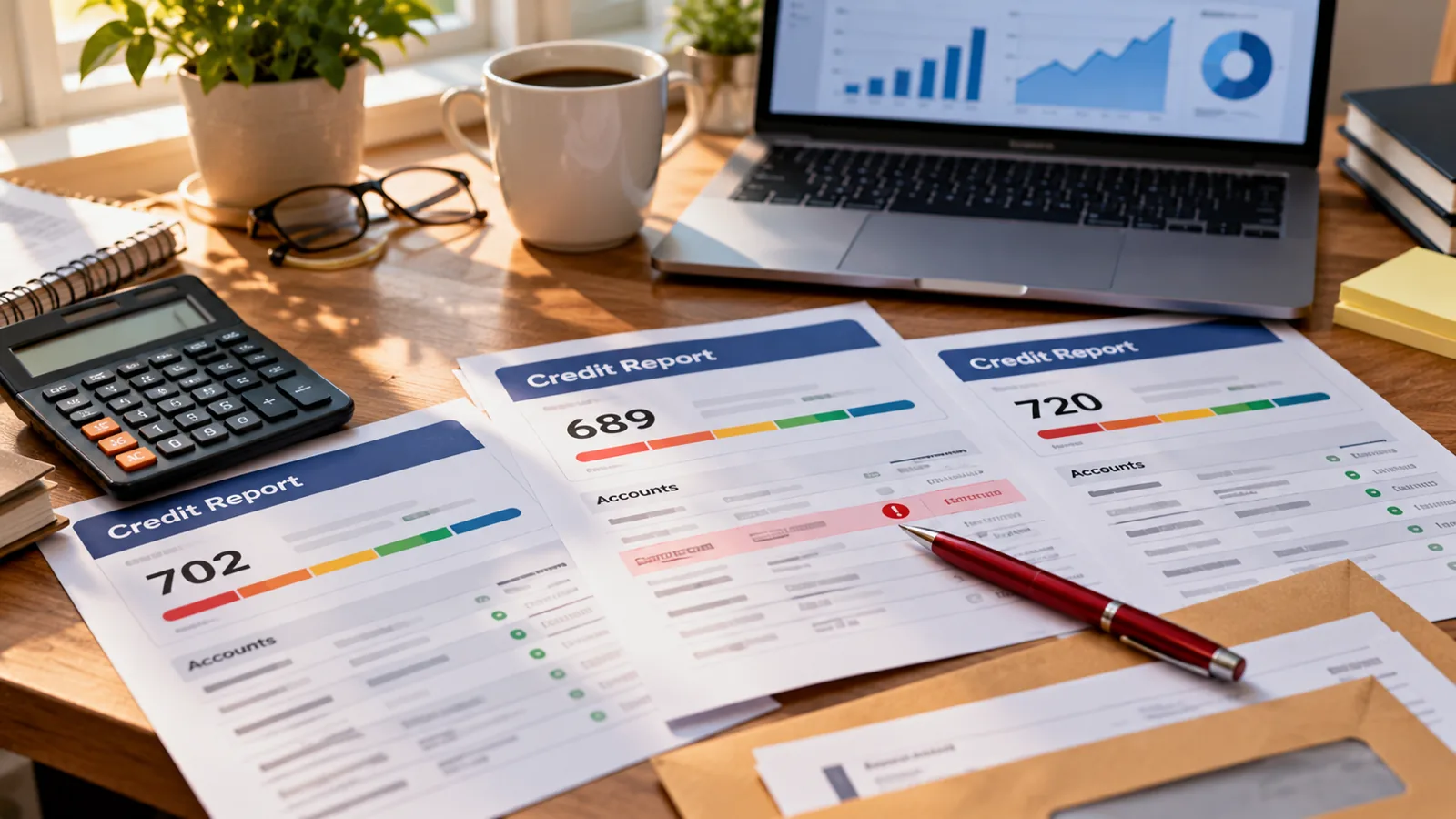 How to Dispute Credit Report Errors for Free: A US Step-by-Step Guide 1 Credit reports and financial documents on a desk with a red pen marking an account entry, calculator and laptop nearby