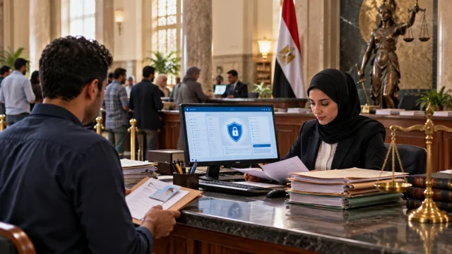 مواطن يتواصل مع موظفة خدمة قضائية في مبنى محكمة مصرية لمراجعة أوراق الأحكام