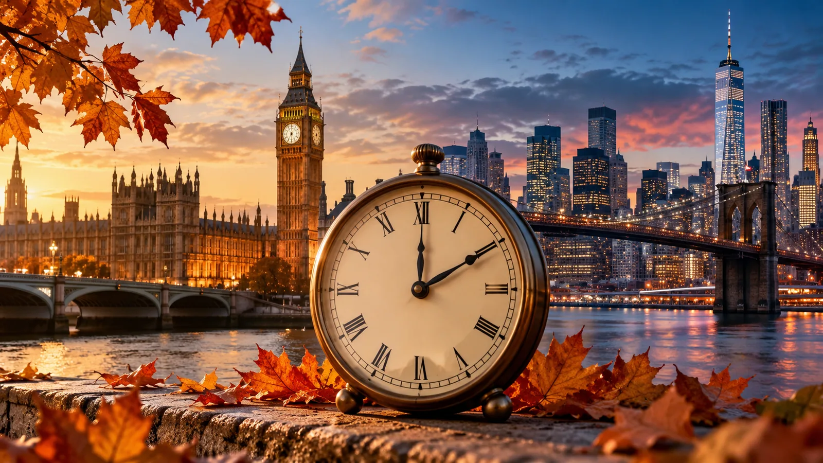 Autumn clock between London Big Ben and New York skyline illustrating 2026 daylight saving time changes