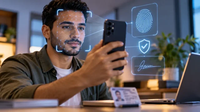 شاب يستخدم هاتفه لإجراء تحقق بيومتري بالوجه ضمن خدمات الهوية الرقمية