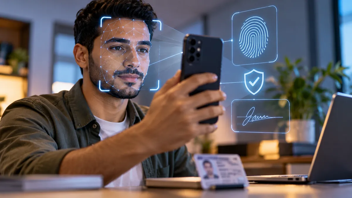 شاب يستخدم هاتفه لإجراء تحقق بيومتري بالوجه ضمن خدمات الهوية الرقمية