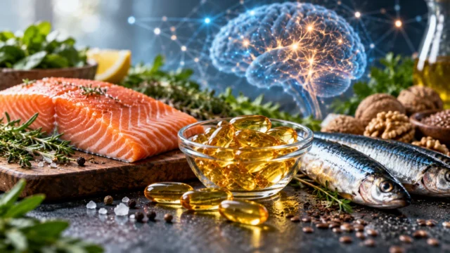 Salmon, sardines, walnuts and fish oil capsules with a conceptual illuminated brain in the background
