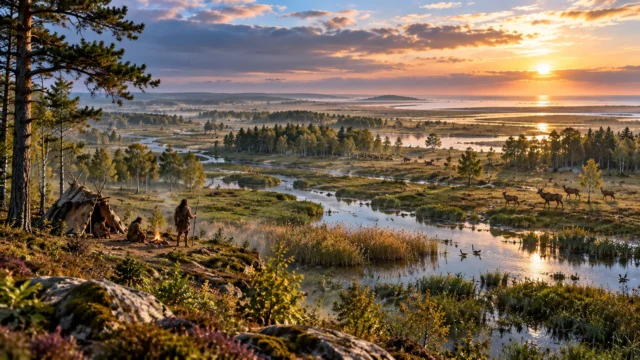 Conceptual reconstruction of Mesolithic Doggerland with wetlands, a river, deer and hunter-gatherers at sunrise