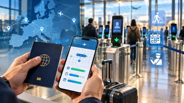 Traveller holding a passport and reviewing travel-calendar dates on a smartphone in a European airport immigration hall