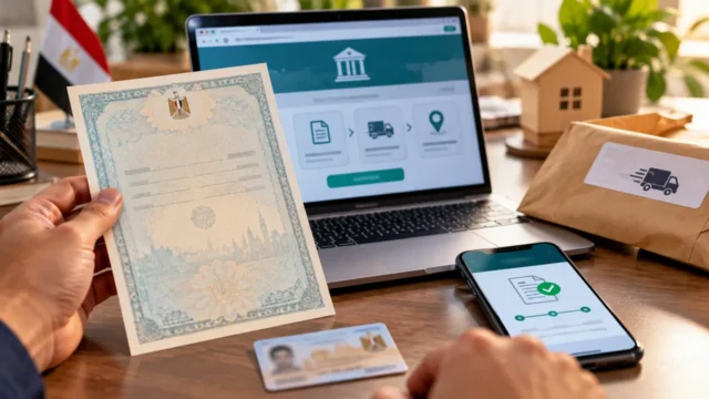 شهادة ميلاد مميكنة على مكتب مع هاتف يعرض متابعة طلب إلكتروني وطرد توصيل منزلي