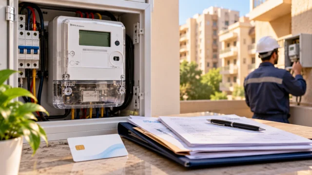 عداد كهرباء رقمي مسبق الدفع داخل لوحة كهرباء مع ملف مستندات ومهندس يراجع عدادًا آخر بخلفية عقارات مصرية