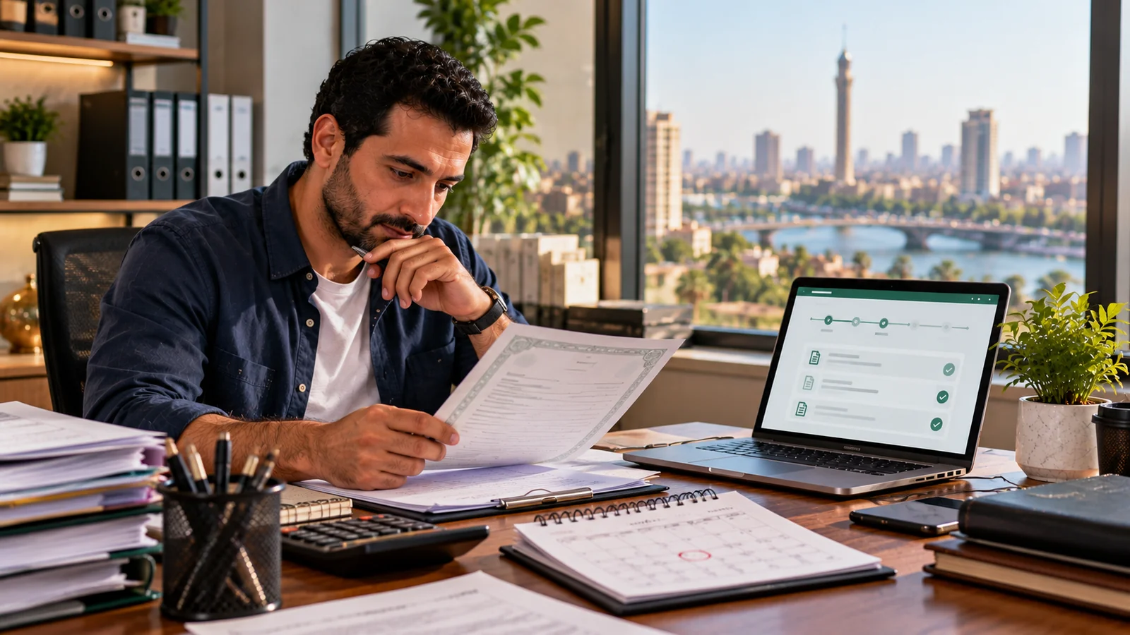 تجديد السجل التجاري في مصر بعد خمس سنوات: الخطوات والرسوم والتأخير عبر مصر الرقمية 1 صاحب نشاط تجاري مصري يراجع موعد تجديد السجل التجاري ومستندات القيد بجانب حاسوب يعرض واجهة متابعة عامة في مكتب بالقاهرة