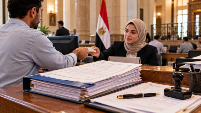 مواطن يقدم بطاقة إثبات الهوية إلى موظفة بمكتب خدمة قضائية في مصر وأمامه ملفات ومستندات قضايا