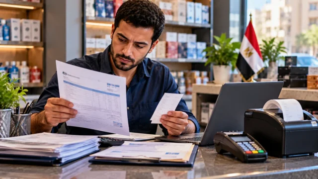 صاحب محل في مصر يراجع فاتورة وإيصالًا بجوار جهاز نقاط بيع وحاسوب للتمييز بين المنظومتين الضريبيتين