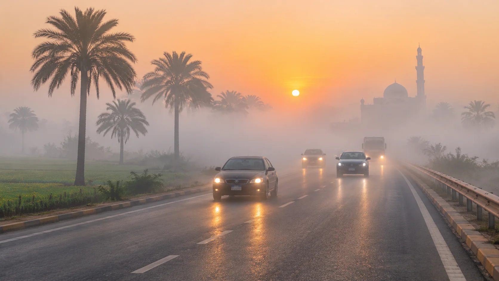 لماذا تظهر الشبورة المائية فجأة في مصر؟ أسباب تكوّنها والفرق بينها وبين الضباب وكيف تقود بأمان 1 شبورة مائية كثيفة على طريق في مصر عند شروق الشمس وسيارات تسير بحذر