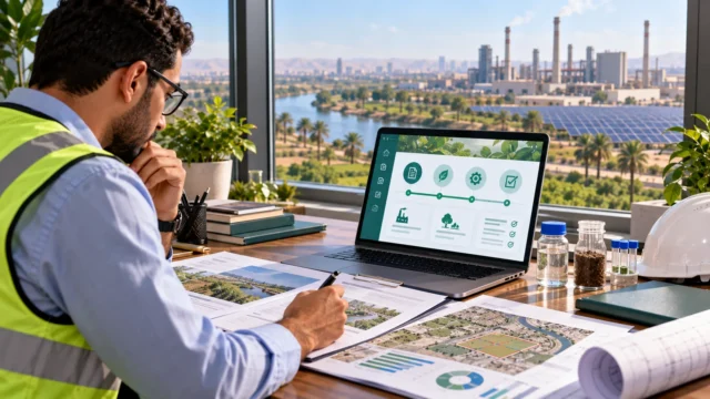 متخصص في البيئة يراجع مستندات وخريطة موقع مشروع صناعي عبر حاسوب يعرض مراحل دراسة التقييم البيئي في مصر