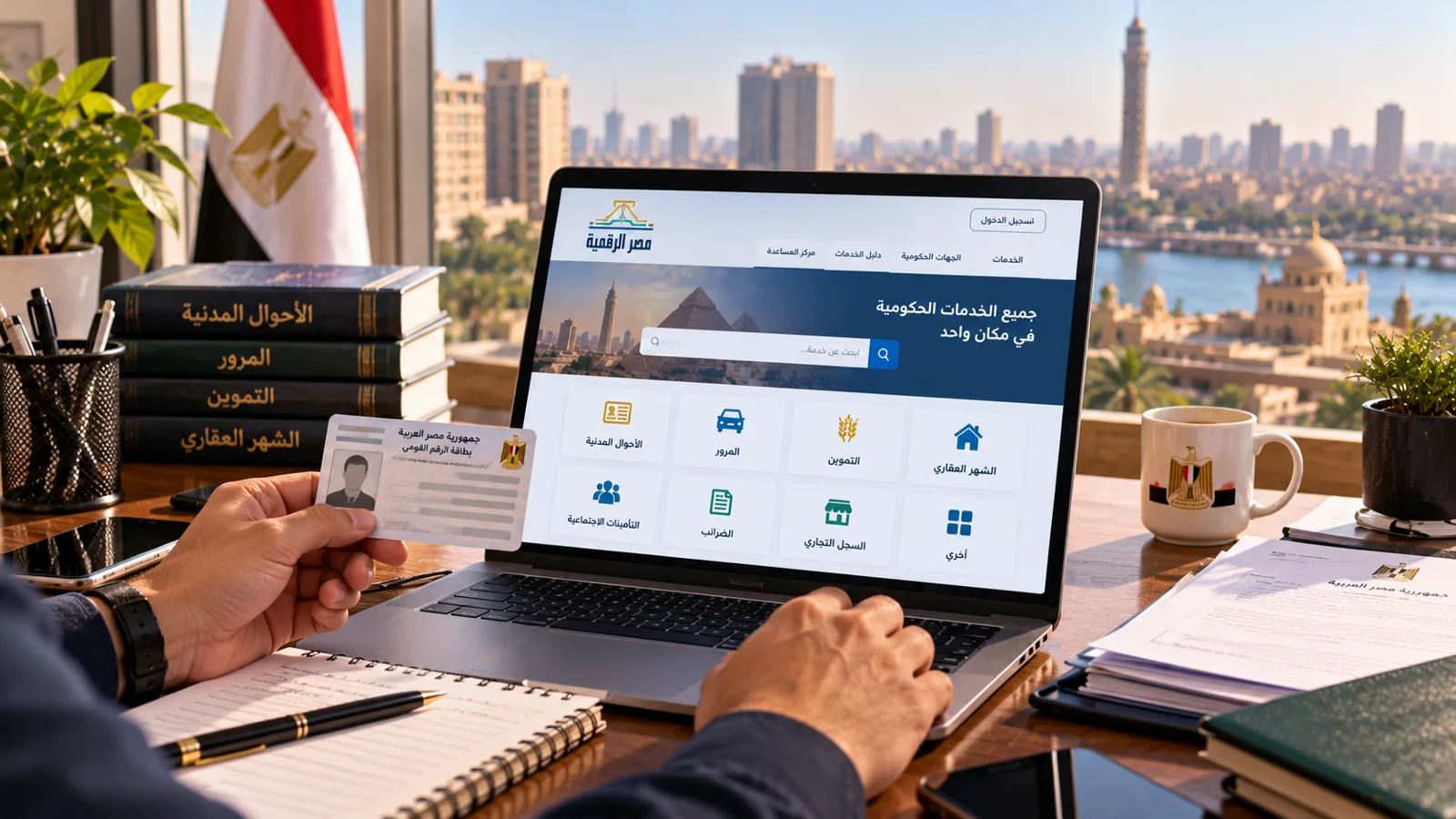 كيفية معرفة جهة استخراج أي مستند حكومي في مصر عبر دليل الخدمات العامة 1 مواطن يبحث عن الخدمات الحكومية المصرية عبر الكمبيوتر وبجواره بطاقة الرقم القومي