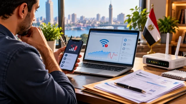مستخدم مصري يراجع مشكلة انقطاع الإنترنت على هاتفه ولابتوب بجوار الراوتر ومستندات شكوى في مكتب يطل على القاهرة