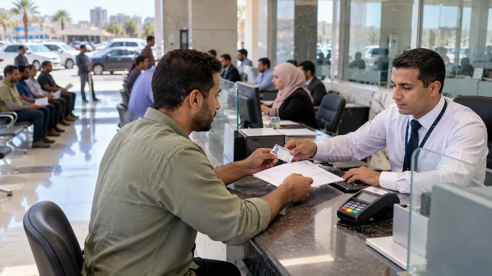 نظام الشباك الواحد في المرور بمصر: خطوات تجديد الرخصة والرسوم وما الذي تغير؟ 1 مواطن يقدم مستنداته لموظف خدمة المرور في مركز حكومي حديث مع جهاز دفع إلكتروني