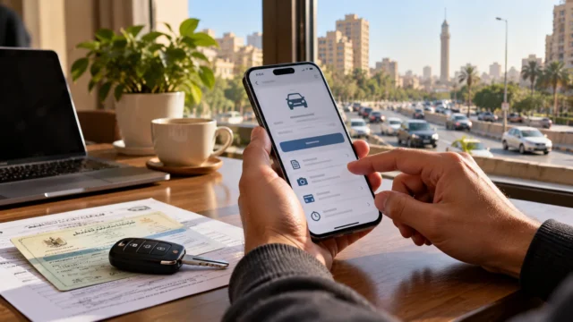 شخص يستخدم الهاتف للاستعلام عن خدمات مخالفات المرور بجوار رخصة سيارة ومفتاح داخل منزل في مصر
