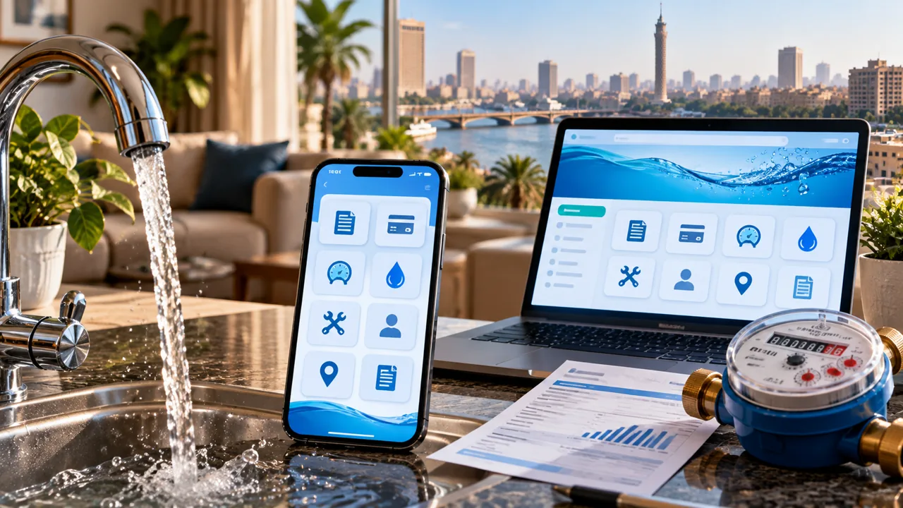 المنصة الرقمية لخدمات المياه في مصر: دليل الفواتير وقراءة العداد والطلبات والشكاوى 1 عداد مياه وهاتف وحاسوب يعرضان خدمات المياه الرقمية في مصر