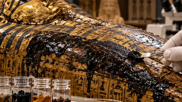 طبقة سوداء داكنة على تابوت مصري قديم أثناء فحص أثري للمادة الجنائزية