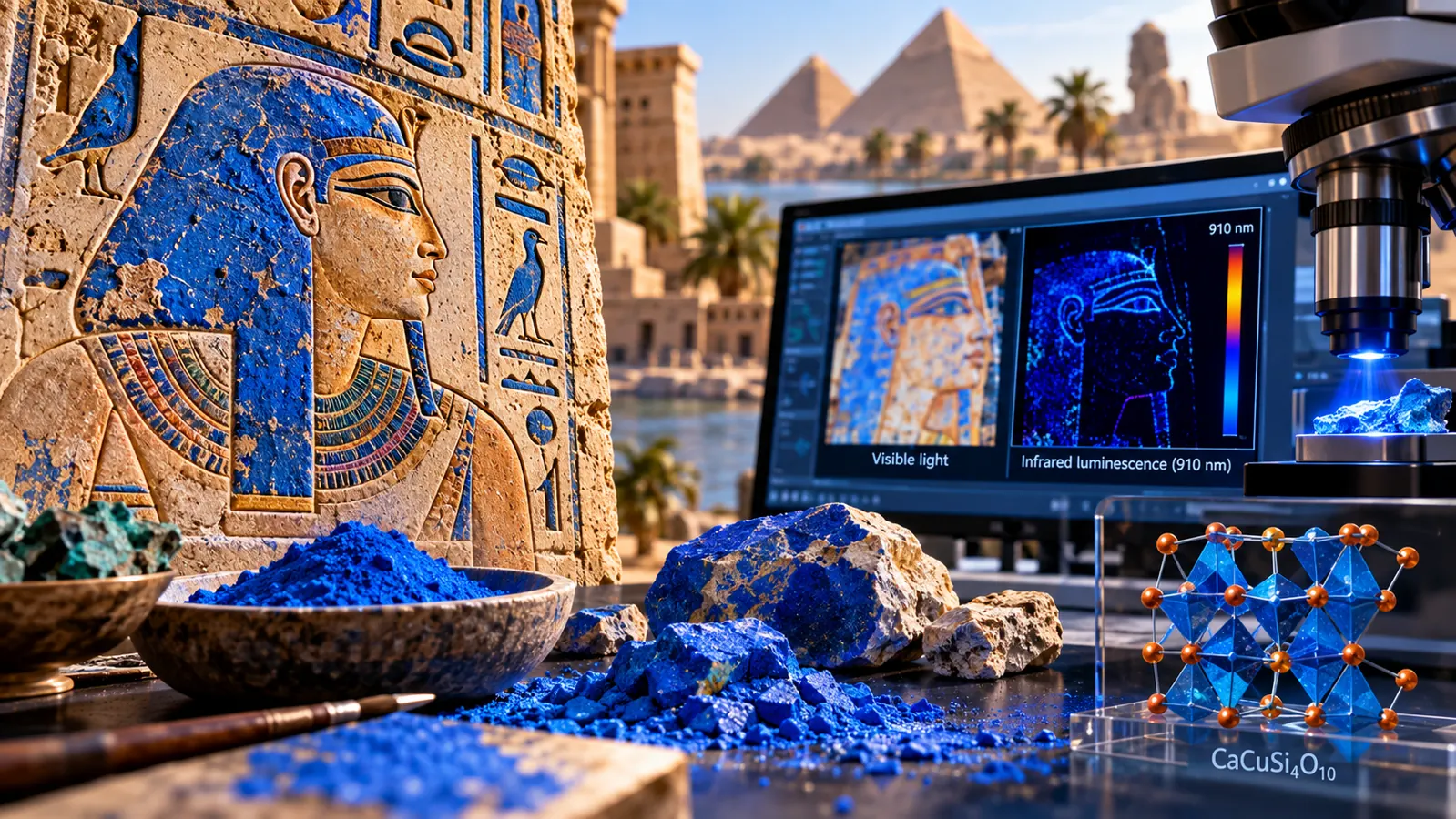 الأزرق المصري: أول صبغة زرقاء صناعية في التاريخ تعود إلى الحياة بتطبيقات علمية مذهلة 1 الأزرق المصري بين نقش أثري ملون بالأزرق ومختبر حديث يدرس التألق تحت الأحمر