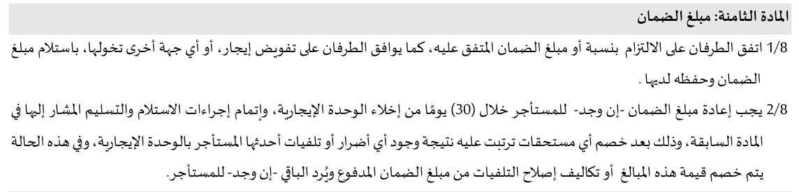 استرداد مبلغ الضمان من إيجار بعد انتهاء العقد: الخطوات وحل التأخير 4 المادة الثامنة عن مبلغ الضمان في نموذج عقد إيجار الرسمي المؤرخ 21 نوفمبر 2023