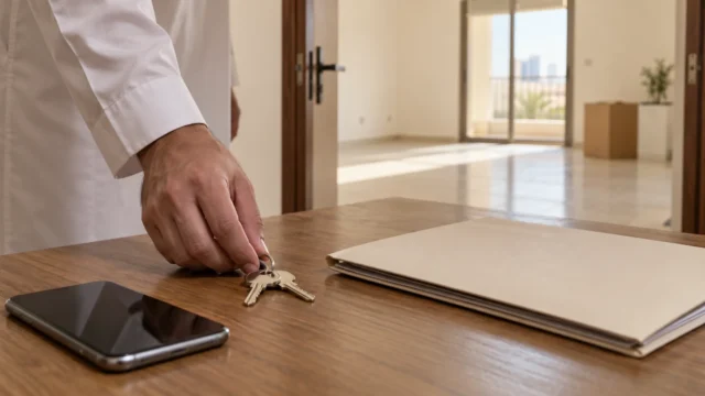 تسليم مفاتيح وحدة سكنية بجوار ملف مستندات وهاتف بشاشة مطفأة