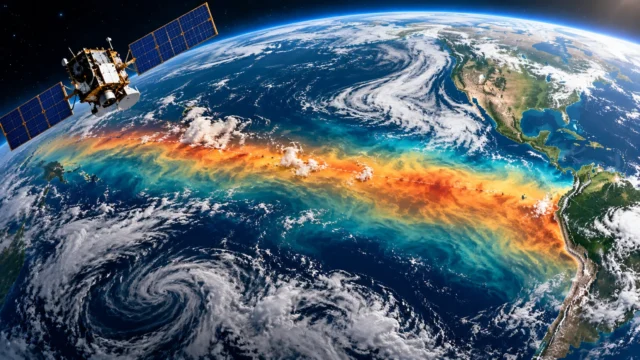 Conceptual illustration of an Earth-observing satellite above the Pacific with a highlighted equatorial band representing El Niño ocean warming, not a measured NASA map