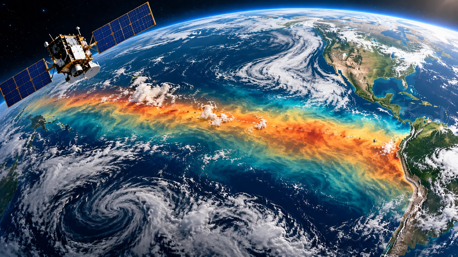 Conceptual illustration of an Earth-observing satellite above the Pacific with a highlighted equatorial band representing El Niño ocean warming, not a measured NASA map