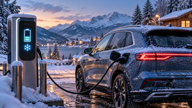 Electric SUV charging in snowy winter weather at dusk, illustrating cold-weather EV battery range and charging (AI-generated image)