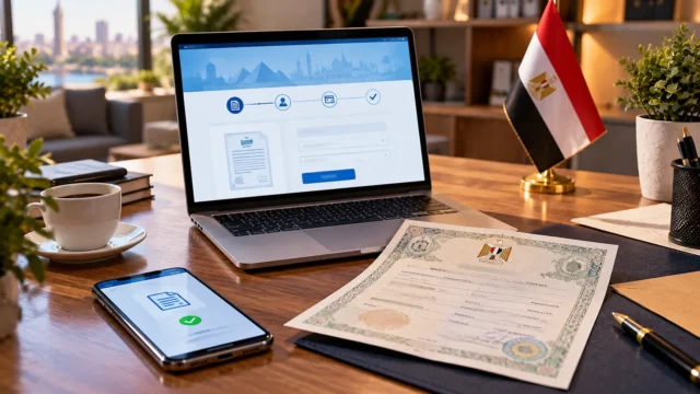 خدمة إلكترونية حكومية على لابتوب مع مستندات وأيقونة تحقق في مكتب منزلي