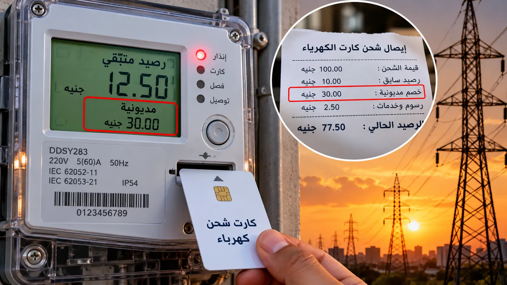 ليه رصيد عداد الكهرباء بيقل بعد الشحن؟ أسباب المديونية وطريقة الاعتراض على الخصم 1 صورة تعبيرية لعداد كهرباء مسبق الدفع وكارت الشحن مع مثال توضيحي للخصومات