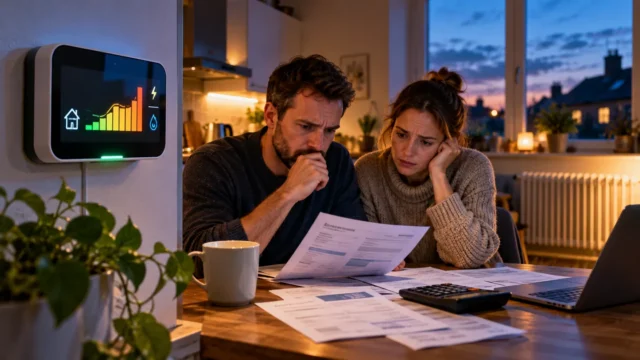 Concerned couple comparing household electricity bills with a smart energy monitor in the evening