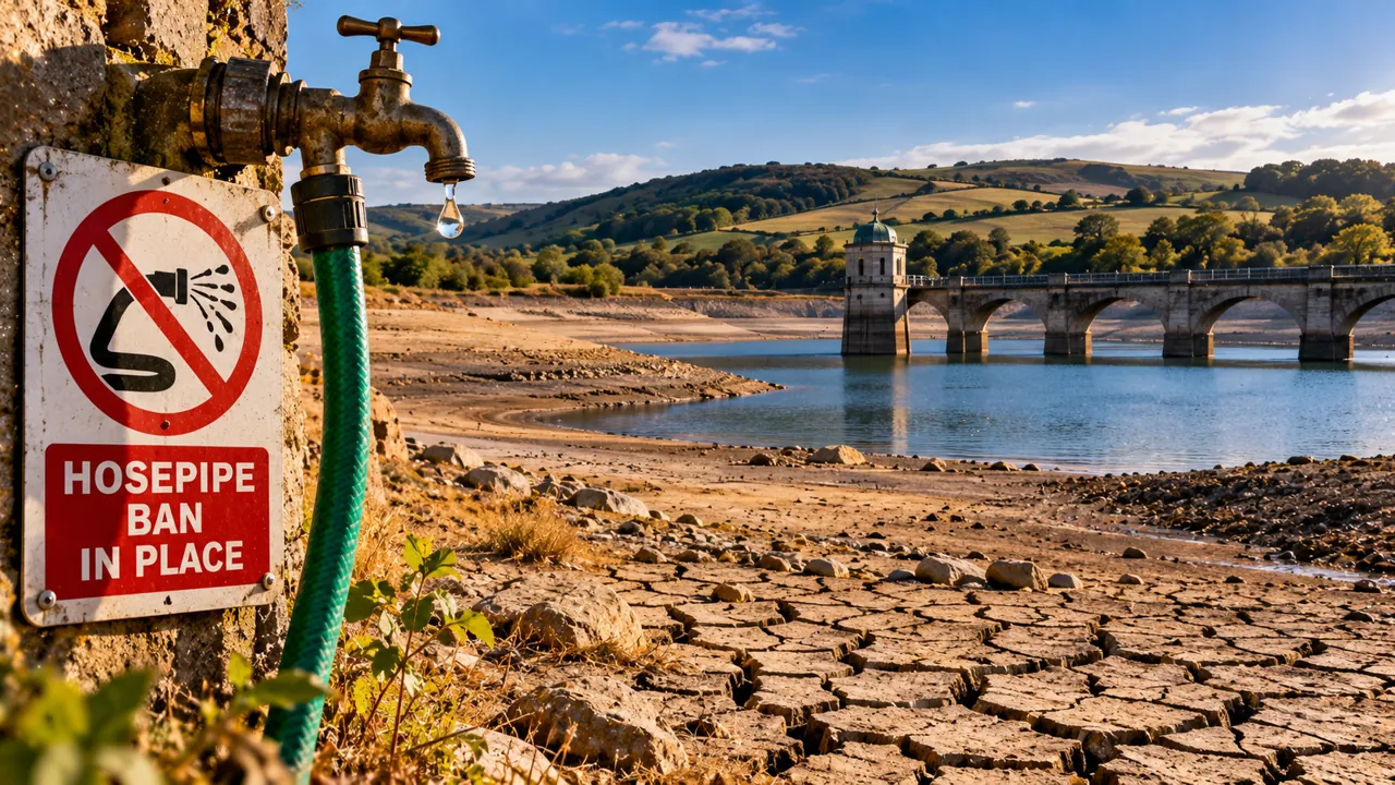 Dry reservoir, cracked ground and hosepipe ban notice illustrating severe drought and water restrictions in England