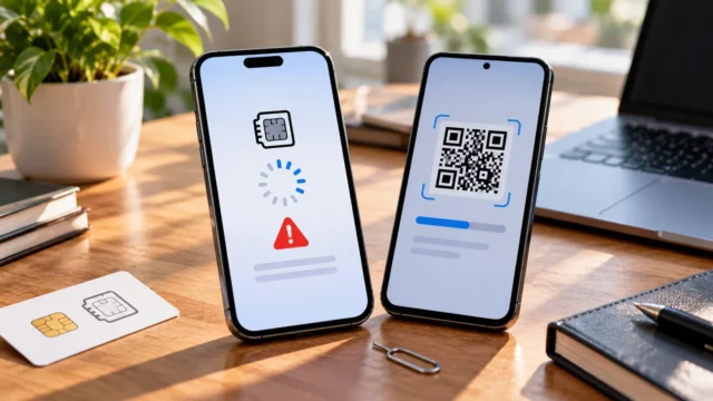 Two smartphones showing an eSIM activation warning and QR scanning interface on a desk