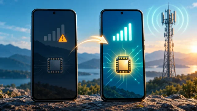 Two smartphones showing an eSIM service recovery from a weak signal to an active cellular connection