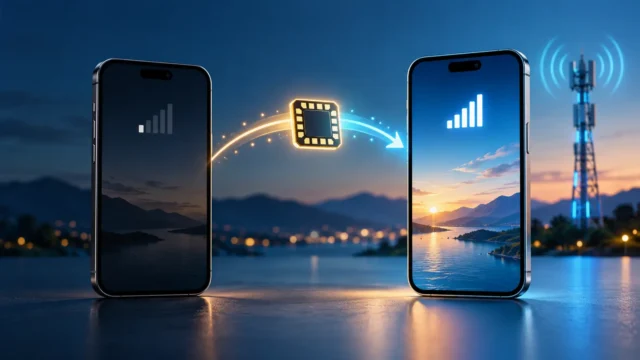 Two smartphones connected by an eSIM transfer with the new phone showing an active cellular signal
