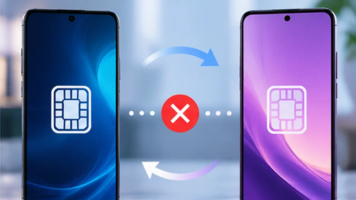 Two modern smartphones with eSIM activation icons and an unsuccessful transfer between them