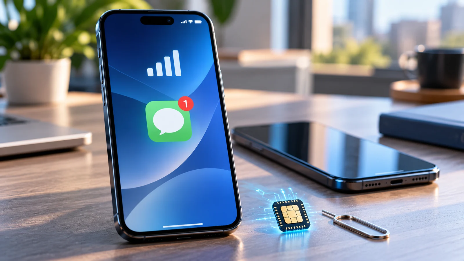 eSIM Not Receiving Verification SMS After Transfer? Here's What to Check 1 Modern smartphone showing a message notification beside another phone and an eSIM chip, illustrating text verification after eSIM transfer