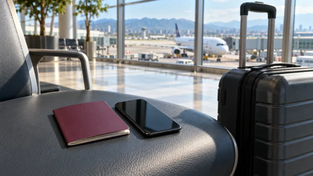 Passport and phone beside a suitcase in an airport departure lounge