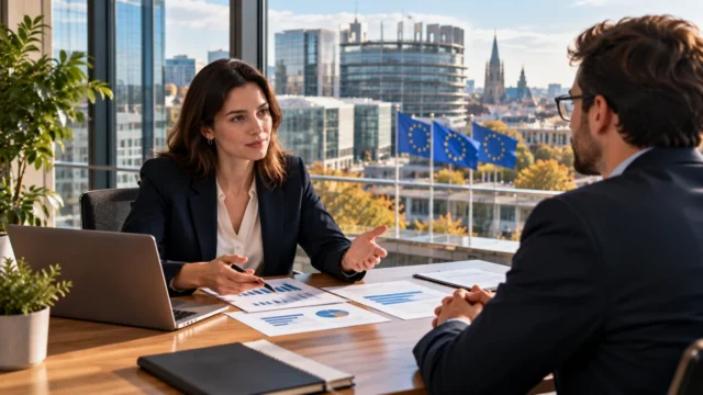 Candidate discussing a salary range and workplace compensation with a recruiter in a modern European office