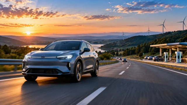Electric SUV travelling on a highway near EV charging stations at sunset