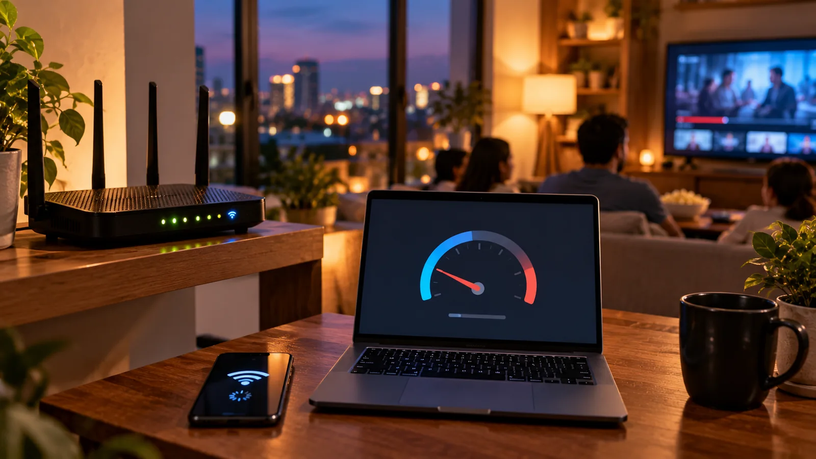 Why Your Home Internet Slows Down Every Evening: Find the Real Bottleneck 1 Wi-Fi router and laptop showing a slow speed test during a busy evening at home