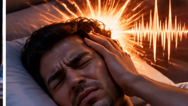 شخص يستيقظ مذعورًا مع موجة صوتية ضوئية رمزية خلف رأسه