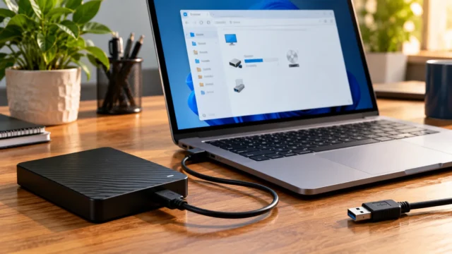 Portable external hard drive connected by USB to a laptop on a desk